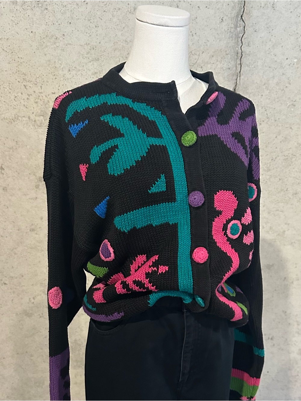 Vintage 90s Abstract Knit Cardigan Colorful Graphic Sweater Dopamine Dressing